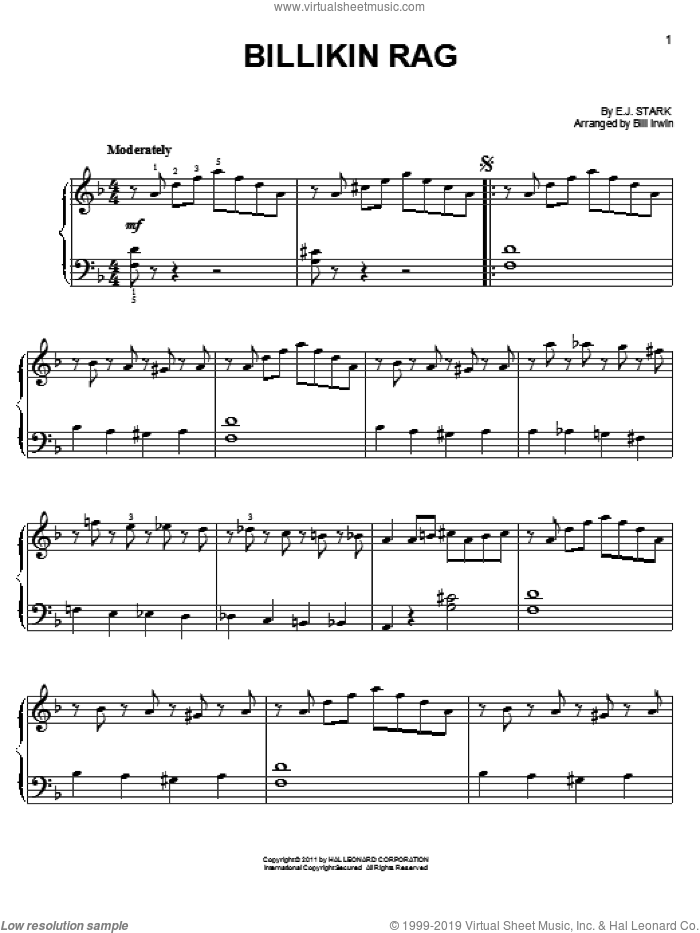 Billikin Rag sheet music for piano solo by E.J. Stark, easy skill level