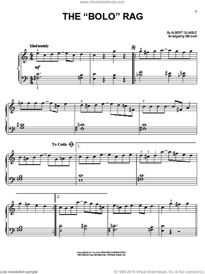The 'Bolo' Rag sheet music for piano solo by Albert Gumble, easy skill level