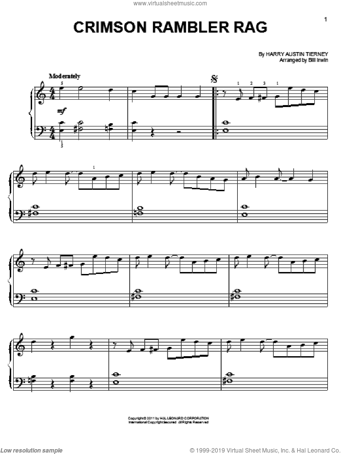 Crimson Rambler Rag sheet music for piano solo by Harry Austin Tierney, easy skill level