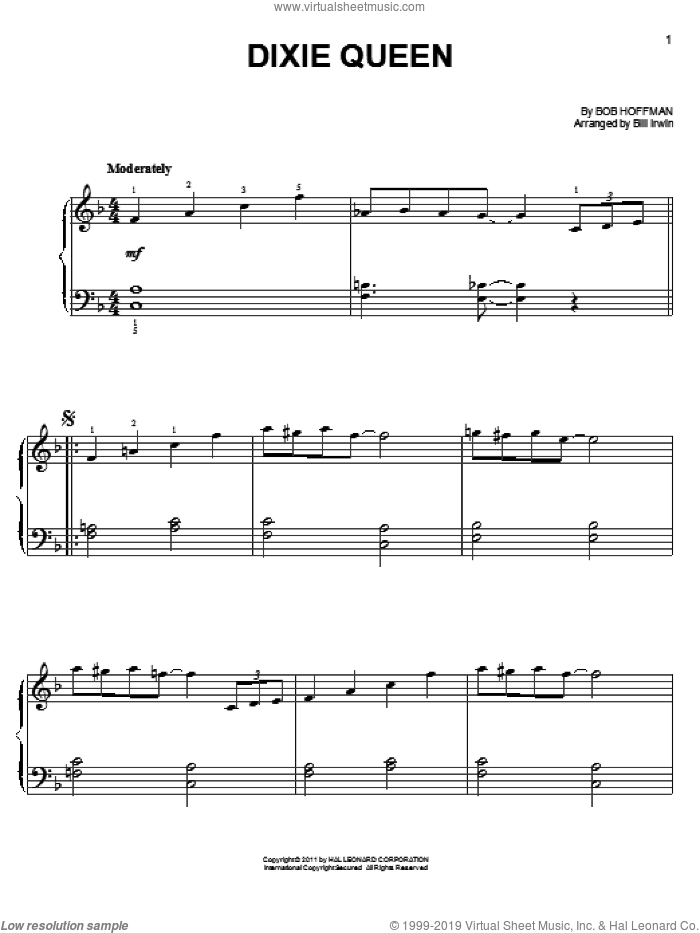 Dixie Queen sheet music for piano solo by Bob Hoffman, easy skill level