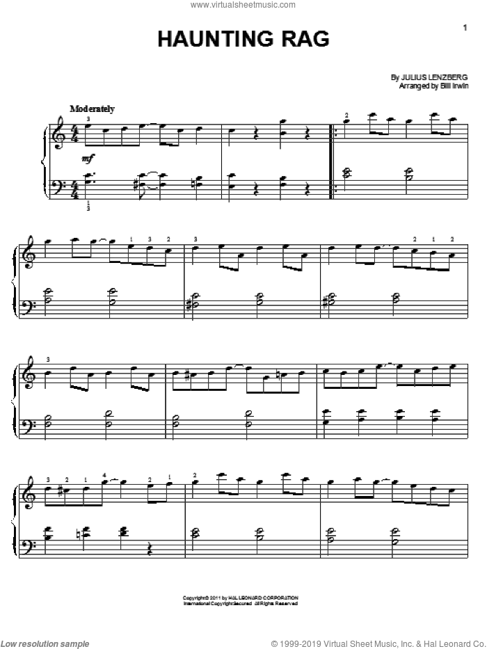 Haunting Rag sheet music for piano solo by Julius Lenzberg, easy skill level