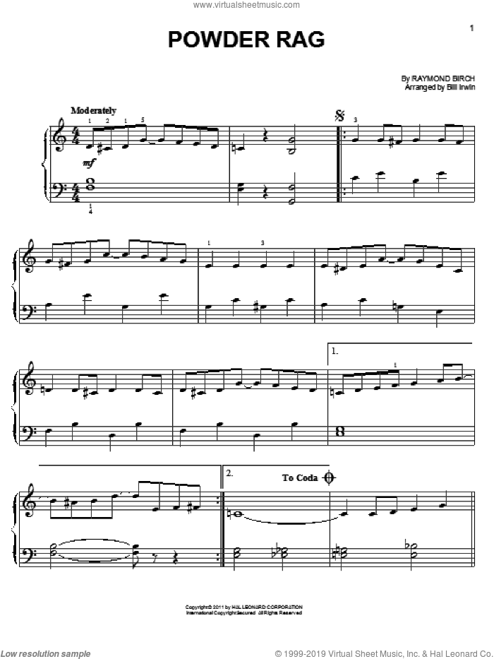 Powder Rag sheet music for piano solo by Raymond Birch, easy skill level