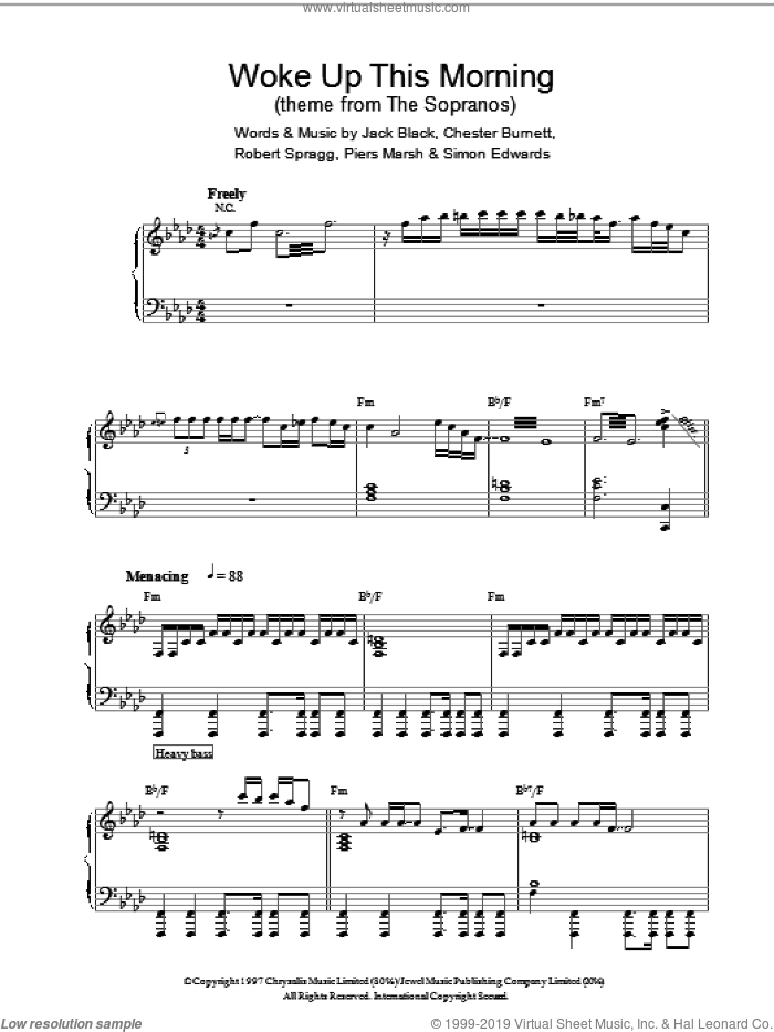 Woke Up This Morning (Theme from The Sopranos) sheet music for piano solo by Jack Black, Chester Burnett, Piers Marsh, Robert Spragg and Simon Edwards, intermediate skill level