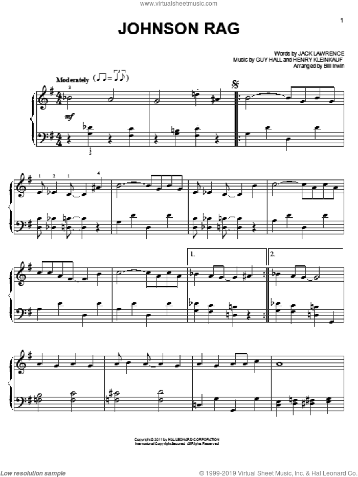 Johnson Rag sheet music for piano solo by Henry Kleinkauf, Guy Hall and Jack Lawrence, easy skill level