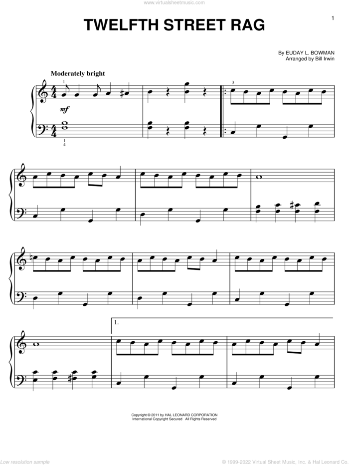 Twelfth Street Rag sheet music for piano solo by Euday L. Bowman, easy skill level