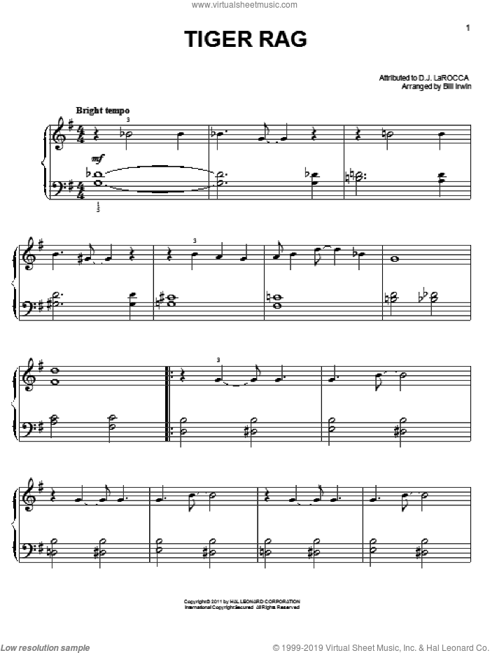 Tiger Rag, (easy) sheet music for piano solo by D.J. LaRocca, easy skill level