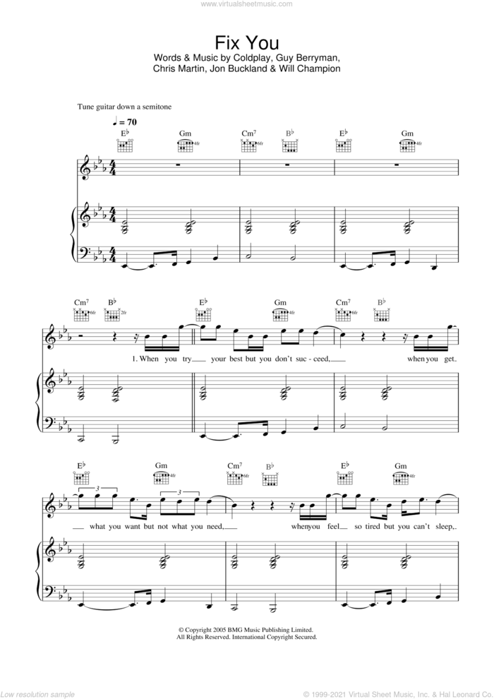 Fix You sheet music for voice, piano or guitar by Coldplay, Chris Martin, Guy Berryman, Jon Buckland, Jonny Buckland and Will Champion, intermediate skill level