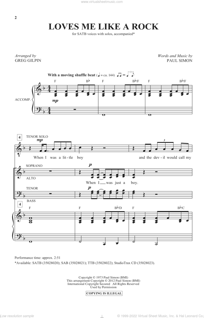 Loves Me Like A Rock (arr. Greg Gilpin) sheet music for choir (SATB: soprano, alto, tenor, bass) by Paul Simon and Greg Gilpin, intermediate skill level