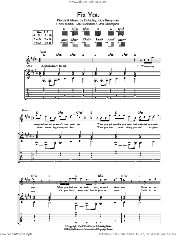 Fix You sheet music for guitar (tablature) by Coldplay, Chris Martin, Guy Berryman, Jon Buckland and Will Champion, intermediate skill level