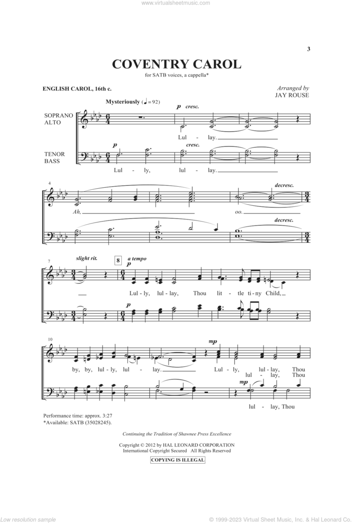 Coventry Carol sheet music for choir (SATB: soprano, alto, tenor, bass) by Jay Rouse and Miscellaneous, intermediate skill level