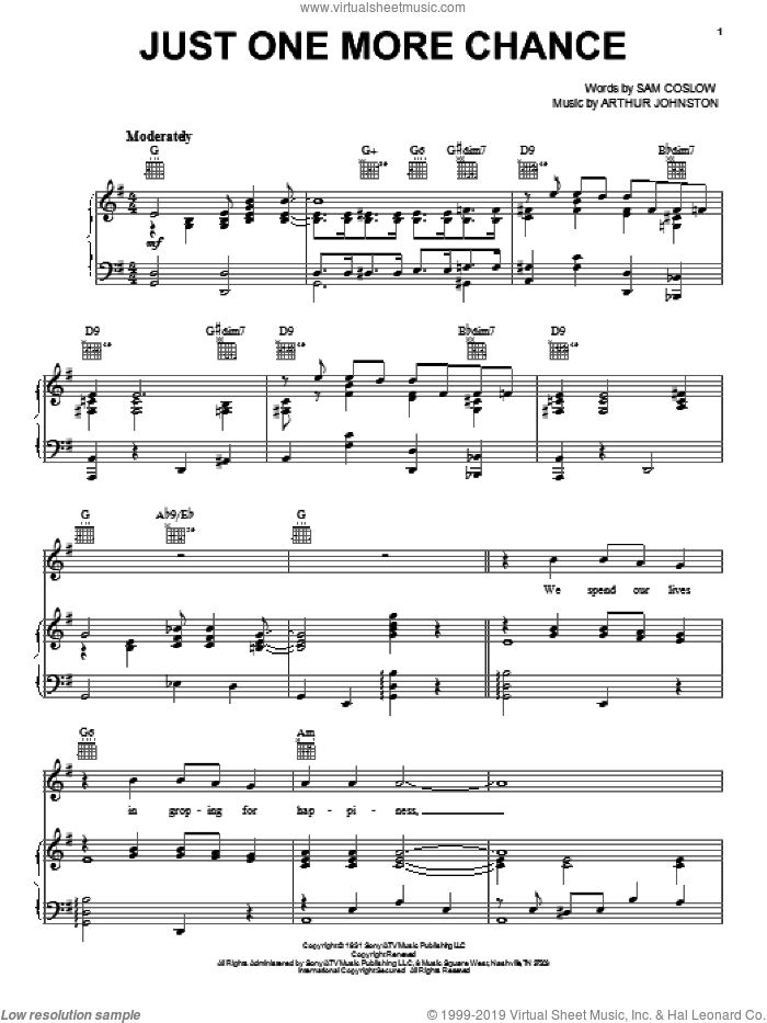 Just One More Chance sheet music for voice, piano or guitar by Bing Crosby, Arthur Johnston and Sam Coslow, intermediate skill level