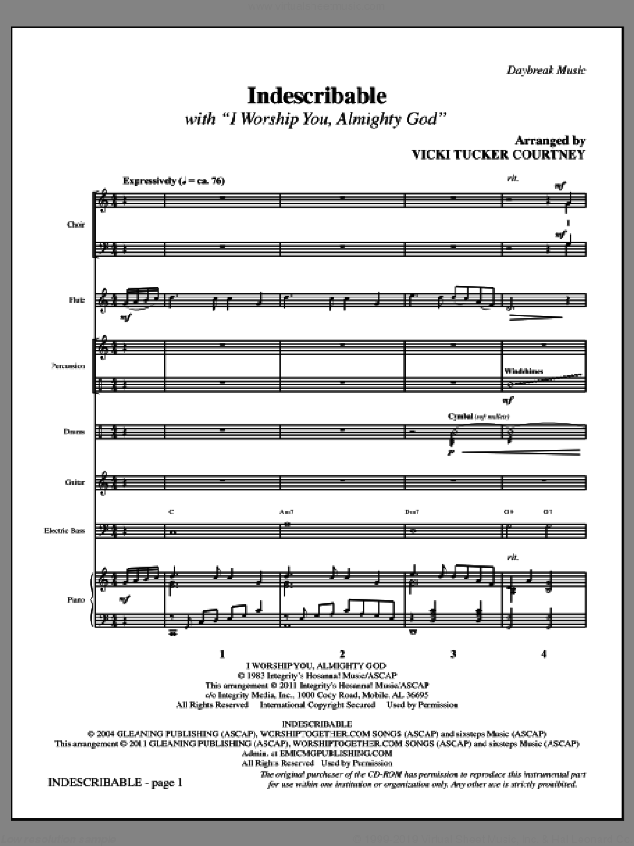 Indescribable (complete set of parts) sheet music for orchestra/band (Rhythm) by Jesse Reeves, Laura Story, Sondra Corbett-Wood and Vicki Tucker Courtney, intermediate skill level