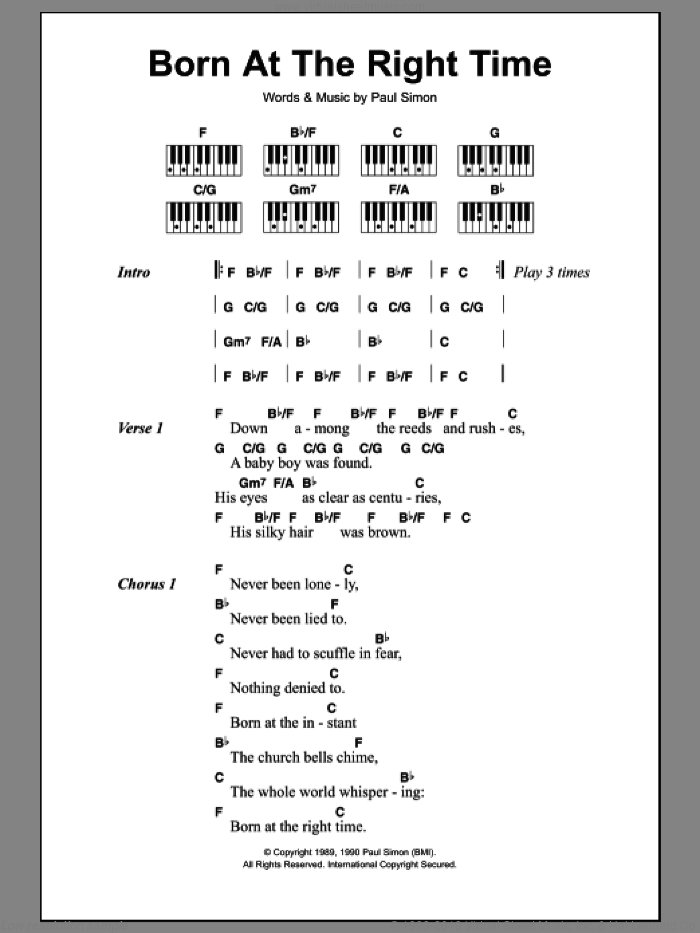 Born At The Right Time sheet music for piano solo by Paul Simon, intermediate skill level