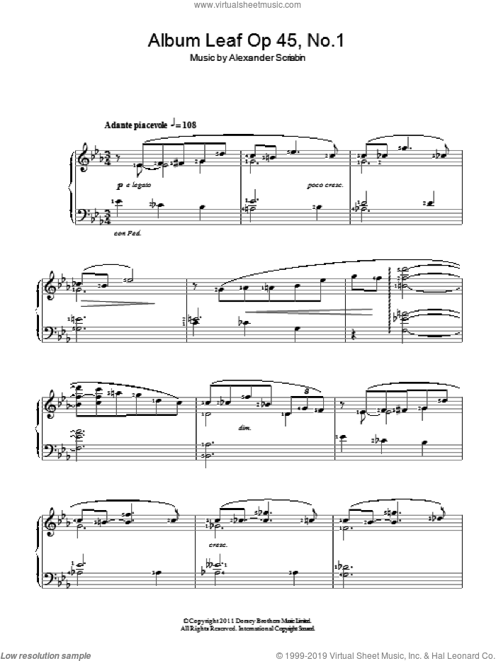 Album Leaf sheet music for piano solo by Alexander Scriabin, classical score, intermediate skill level