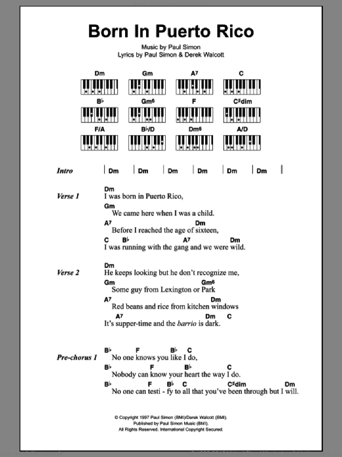 Born In Puerto Rico sheet music for voice, piano or guitar by Paul Simon and Derek Walcott, intermediate skill level