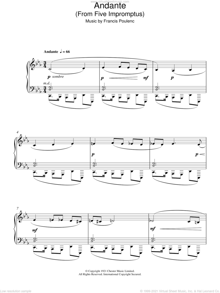 Andante (From Five Impromptus) sheet music for piano solo by Francis Poulenc, intermediate skill level