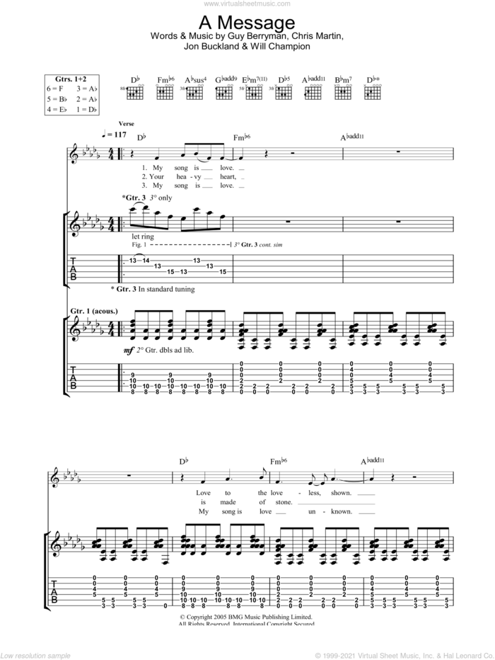 A Message sheet music for guitar (tablature) by Coldplay, Chris Martin, Guy Berryman, Jon Buckland and Will Champion, intermediate skill level