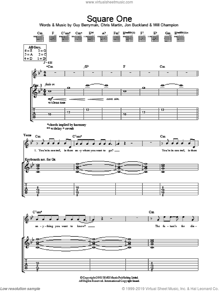 Square One sheet music for guitar (tablature) by Coldplay, Chris Martin, Guy Berryman, Jon Buckland and Will Champion, intermediate skill level