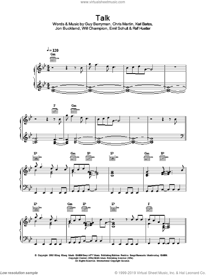 Talk sheet music for voice, piano or guitar by Coldplay, Chris Martin, Emil Schult, Guy Berryman, Jon Buckland, Karl Bartos, Ralf Huetter and Will Champion, intermediate skill level