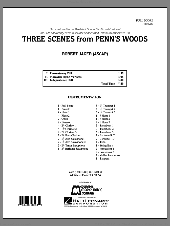 Three Scenes From Penn's Woods (COMPLETE) sheet music for concert band by Robert E. Jager, intermediate skill level