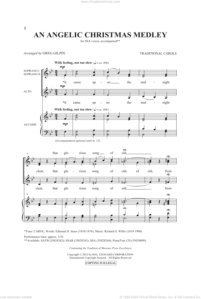 An Angelic Christmas Medley sheet music for choir (SSA: soprano, alto) by Greg Gilpin and Miscellaneous, intermediate skill level
