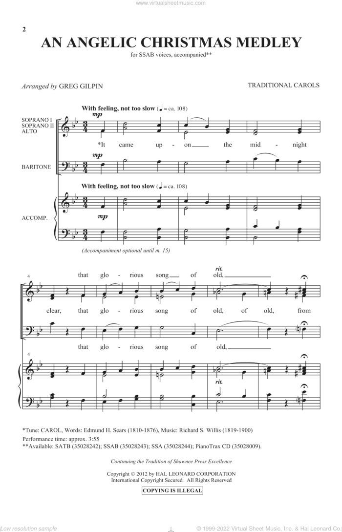 An Angelic Christmas Medley sheet music for choir (SAB: soprano, alto, bass) by Greg Gilpin and Miscellaneous, intermediate skill level