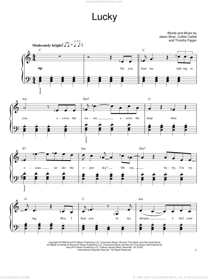 Lucky sheet music for piano solo by Jason Mraz & Colbie Caillat, Colbie Caillat, Jason Mraz and Timothy Fagan, wedding score, easy skill level