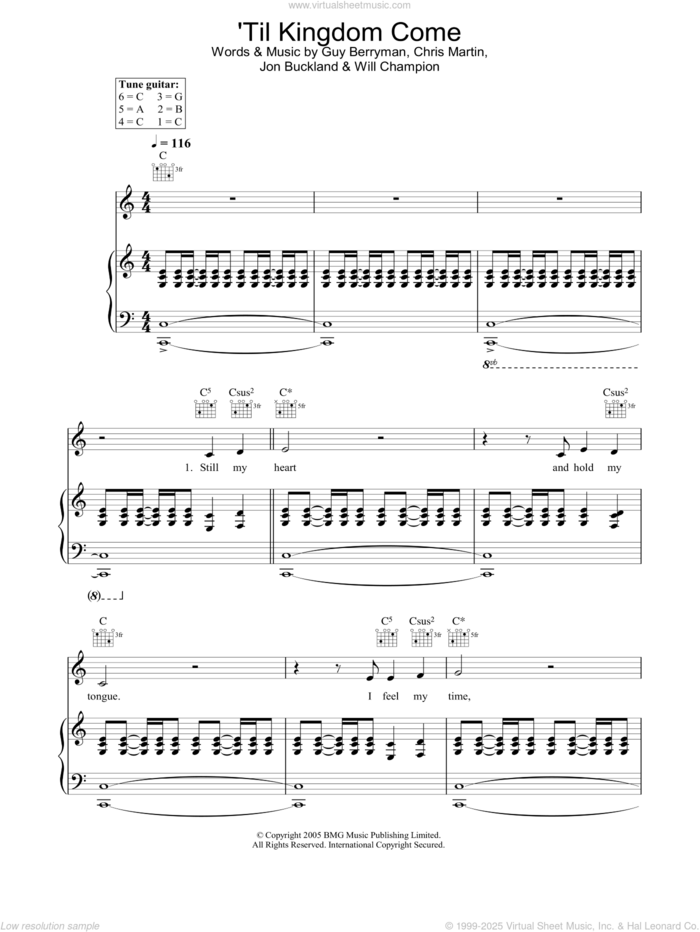 Til Kingdom Come sheet music for voice, piano or guitar by Coldplay, Chris Martin, Guy Berryman, Jon Buckland and Will Champion, intermediate skill level