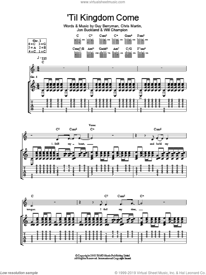 Til Kingdom Come sheet music for guitar (tablature) by Coldplay, Chris Martin, Guy Berryman, Jon Buckland and Will Champion, intermediate skill level