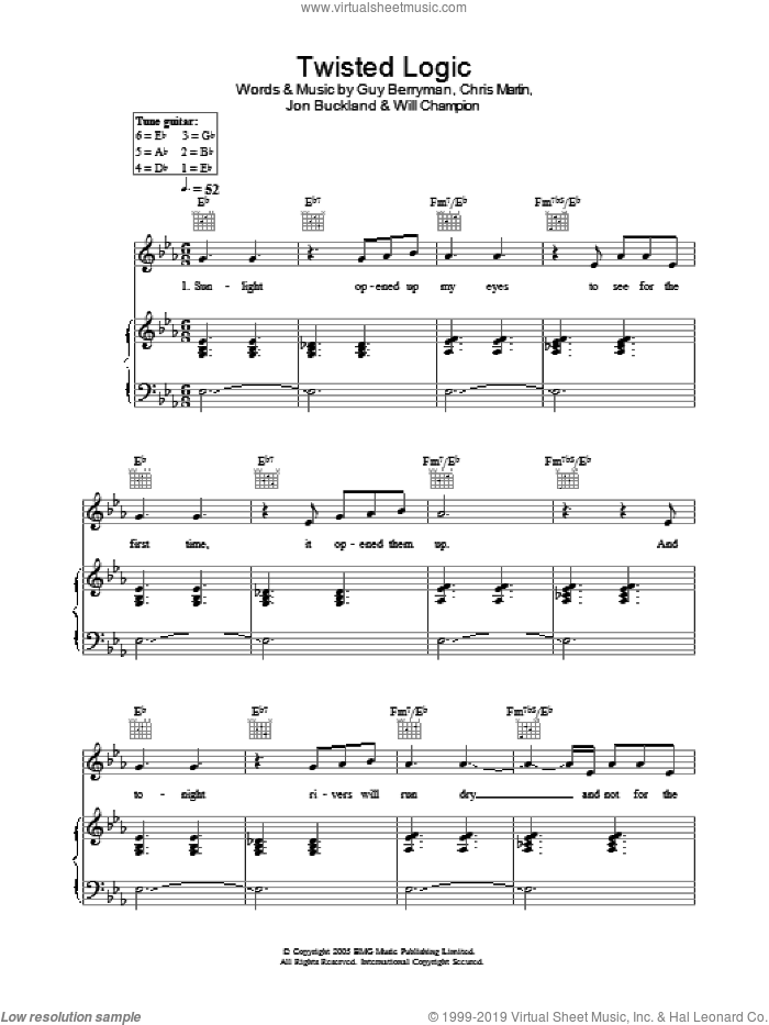 Twisted Logic sheet music for voice, piano or guitar by Coldplay, Chris Martin, Guy Berryman, Jon Buckland and Will Champion, intermediate skill level