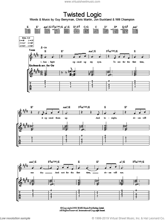 Twisted Logic sheet music for guitar (tablature) by Coldplay, Chris Martin, Guy Berryman, Jon Buckland and Will Champion, intermediate skill level