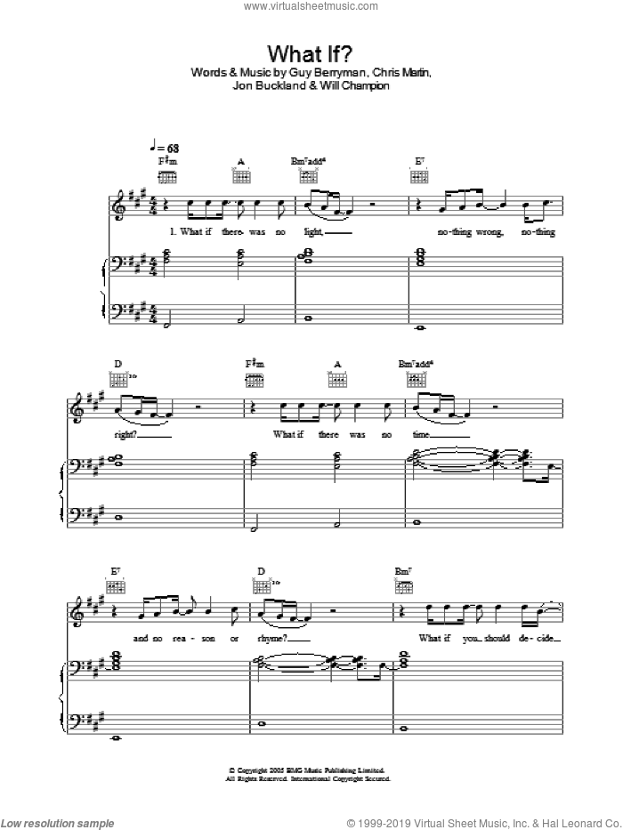 What If? sheet music for voice, piano or guitar by Coldplay, Chris Martin, Guy Berryman, Jon Buckland and Will Champion, intermediate skill level