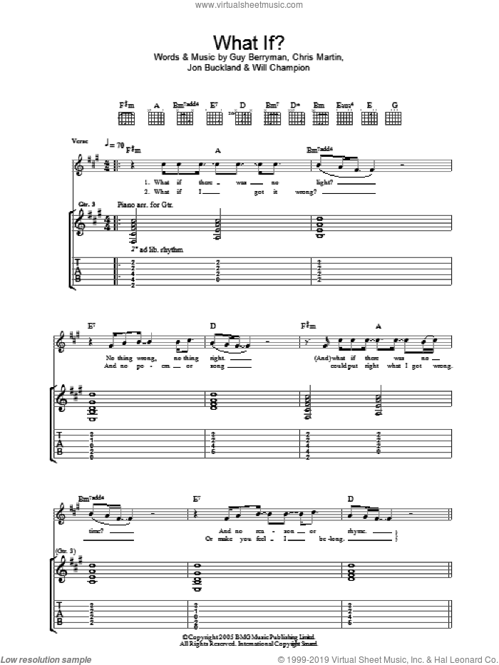 What If? sheet music for guitar (tablature) by Coldplay, Chris Martin, Guy Berryman, Jon Buckland and Will Champion, intermediate skill level