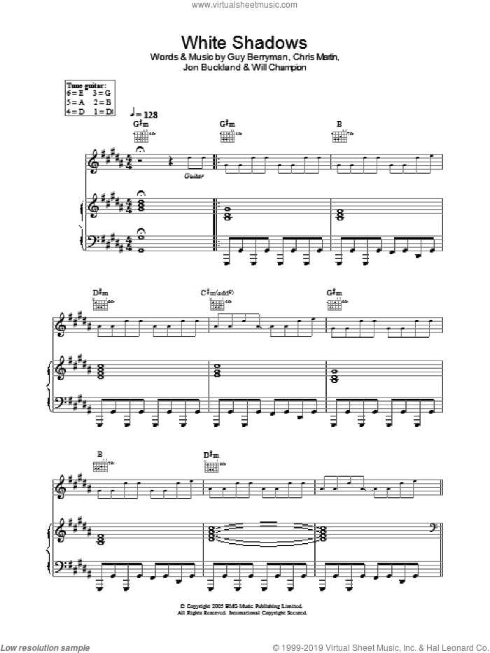 White Shadows sheet music for voice, piano or guitar by Coldplay, Chris Martin, Guy Berryman, Jon Buckland and Will Champion, intermediate skill level