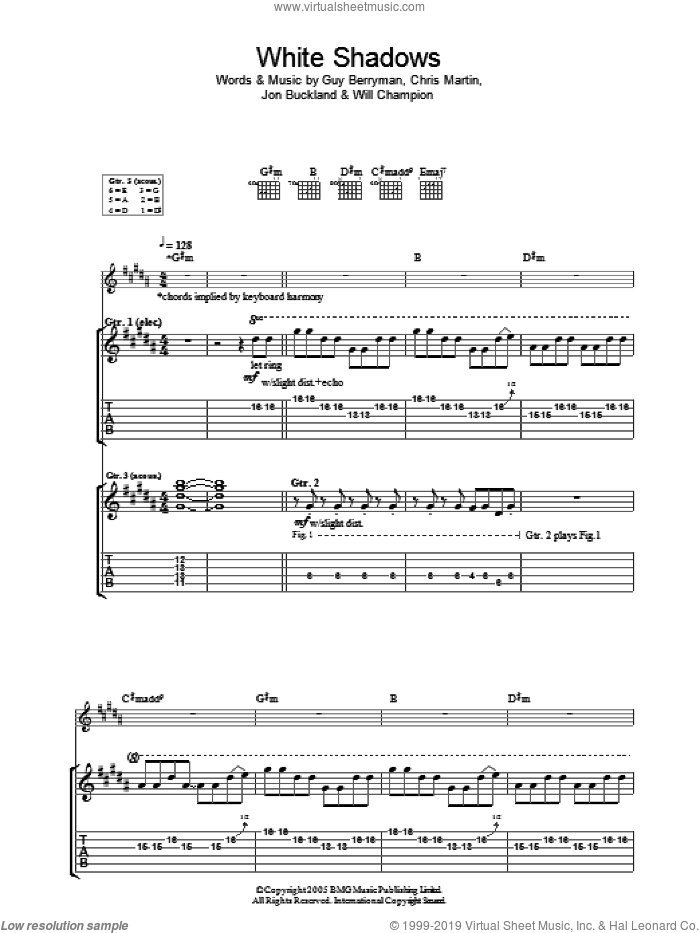 White Shadows sheet music for guitar (tablature) by Coldplay, Chris Martin, Guy Berryman, Jon Buckland and Will Champion, intermediate skill level