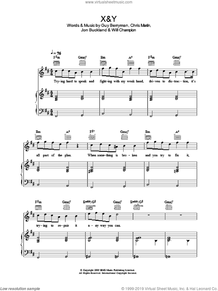 X&Y sheet music for voice, piano or guitar by Coldplay, Chris Martin, Guy Berryman, Jon Buckland and Will Champion, intermediate skill level