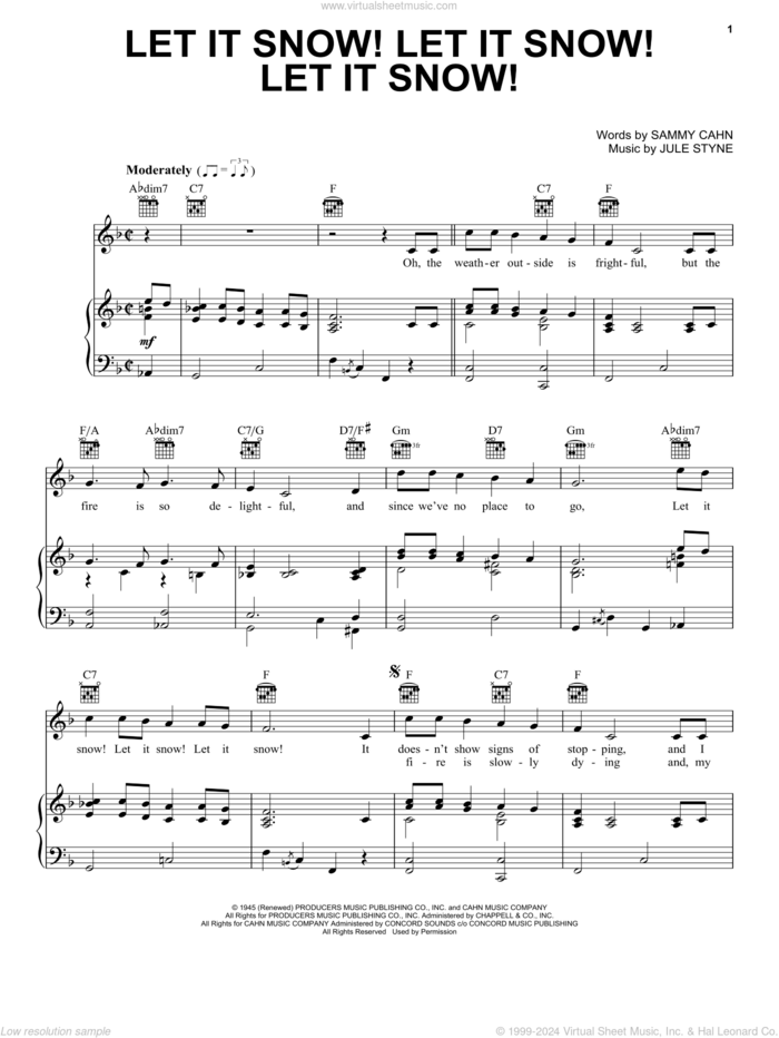 Let It Snow! Let It Snow! Let It Snow! sheet music for voice, piano or guitar by Sammy Cahn and Jule Styne, intermediate skill level