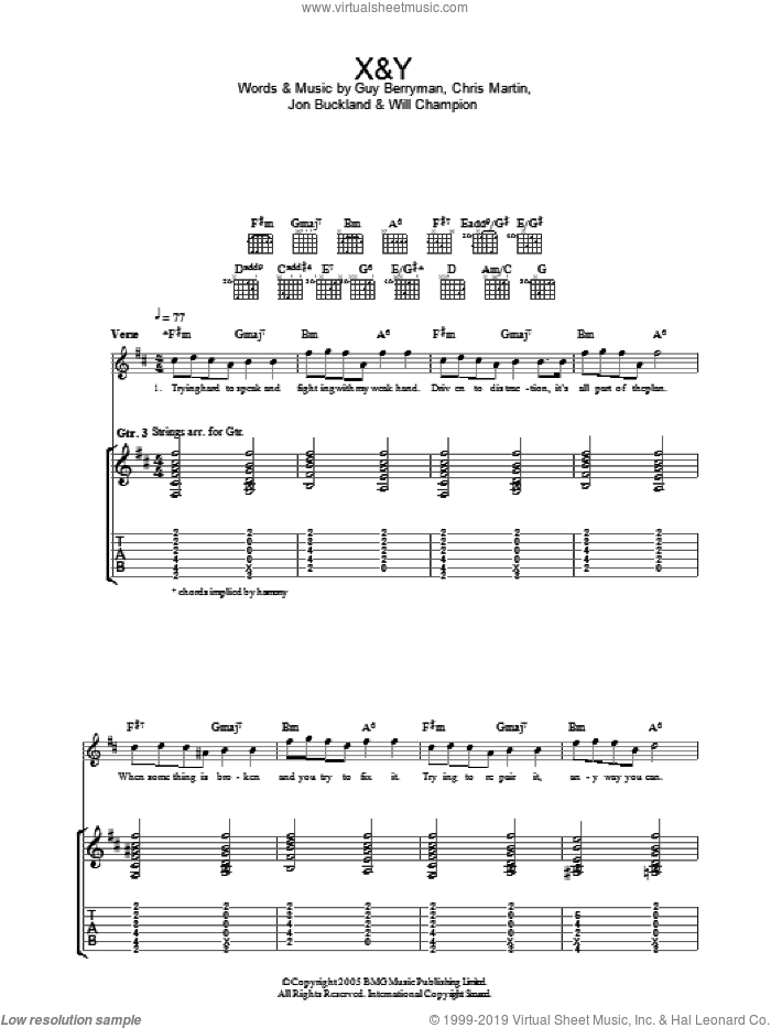 X&Y sheet music for guitar (tablature) by Coldplay, Chris Martin, Guy Berryman, Jon Buckland and Will Champion, intermediate skill level