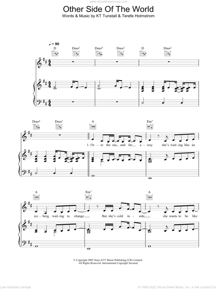 Other Side Of The World sheet music for voice, piano or guitar by KT Tunstall and Terefe Holmstrom, intermediate skill level