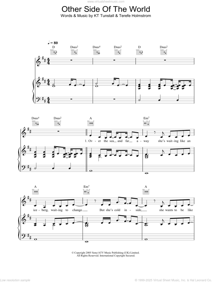 Other Side Of The World sheet music for voice, piano or guitar by KT Tunstall and Terefe Holmstrom, intermediate skill level