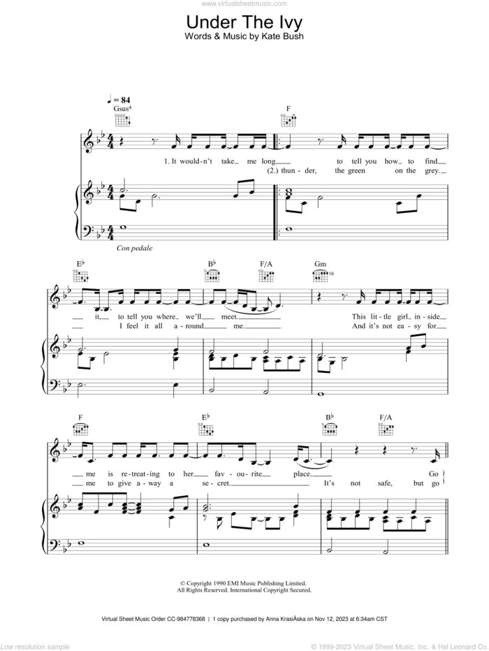 Under The Ivy sheet music for voice, piano or guitar by Kate Bush, intermediate skill level