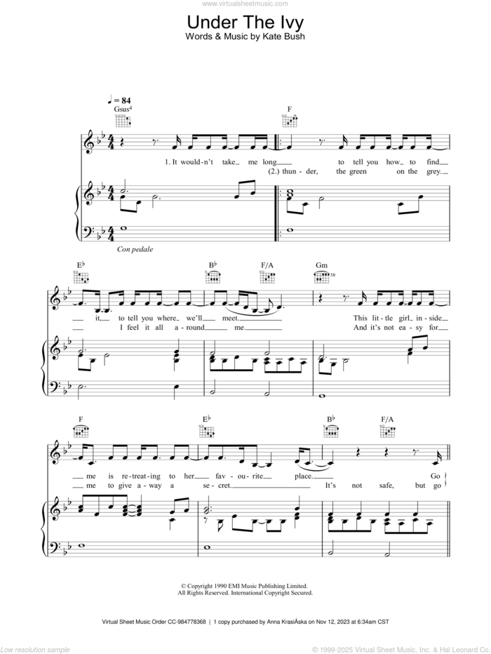 Under The Ivy sheet music for voice, piano or guitar by Kate Bush, intermediate skill level