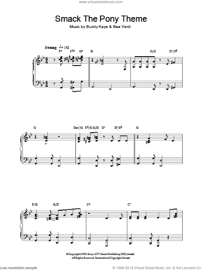 Smack The Pony Theme sheet music for piano solo by Bea Verdi and Buddy Kaye, intermediate skill level