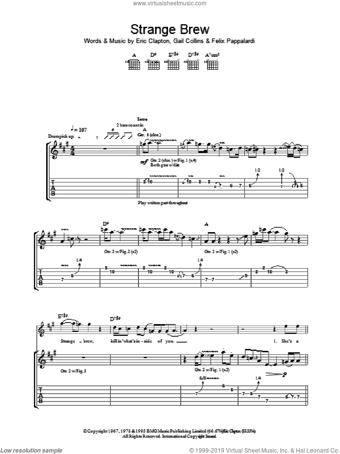 Strange Brew sheet music for guitar (tablature) by Cream, Eric Clapton, Felix Pappalardi and Gail Collins, intermediate skill level