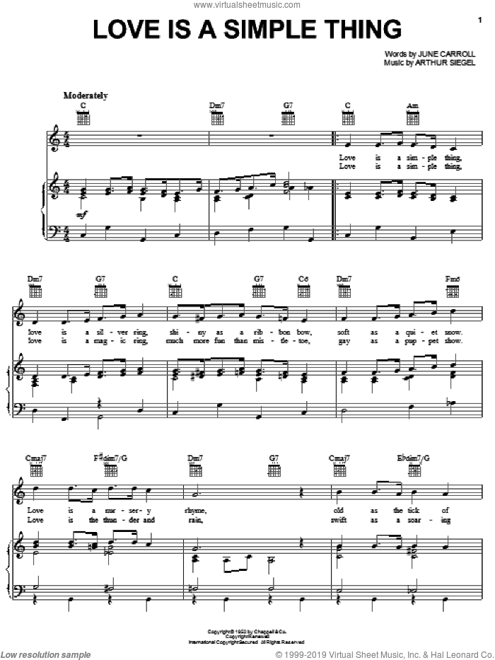 Love Is A Simple Thing sheet music for voice, piano or guitar by Arthur Siegel and June Carroll, intermediate skill level