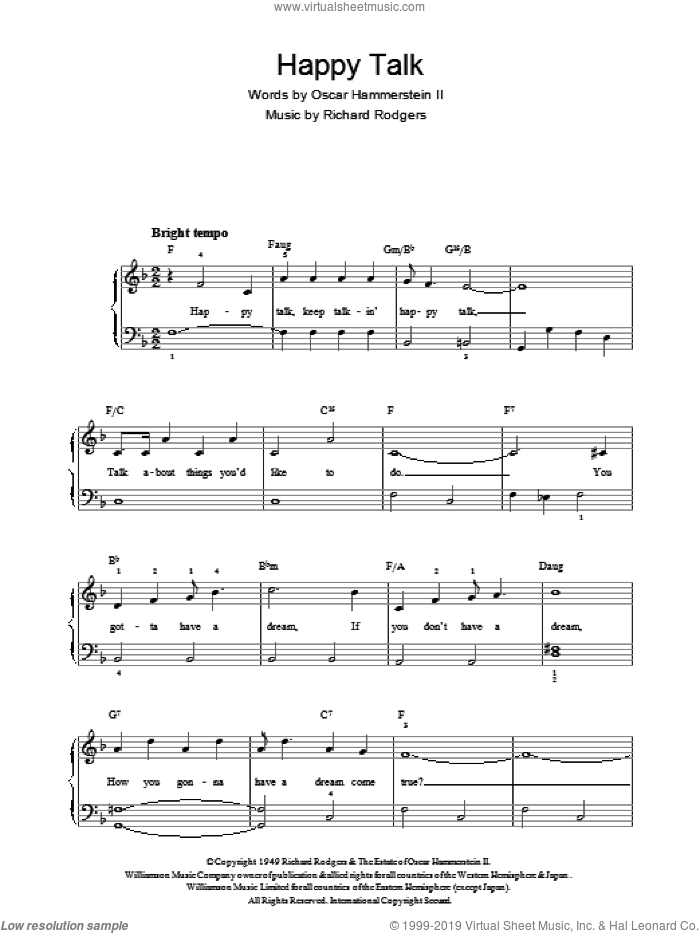 Happy Talk sheet music for voice, piano or guitar by Rodgers & Hammerstein, Oscar Hammerstein, Oscar II Hammerstein and Richard Rodgers, intermediate skill level