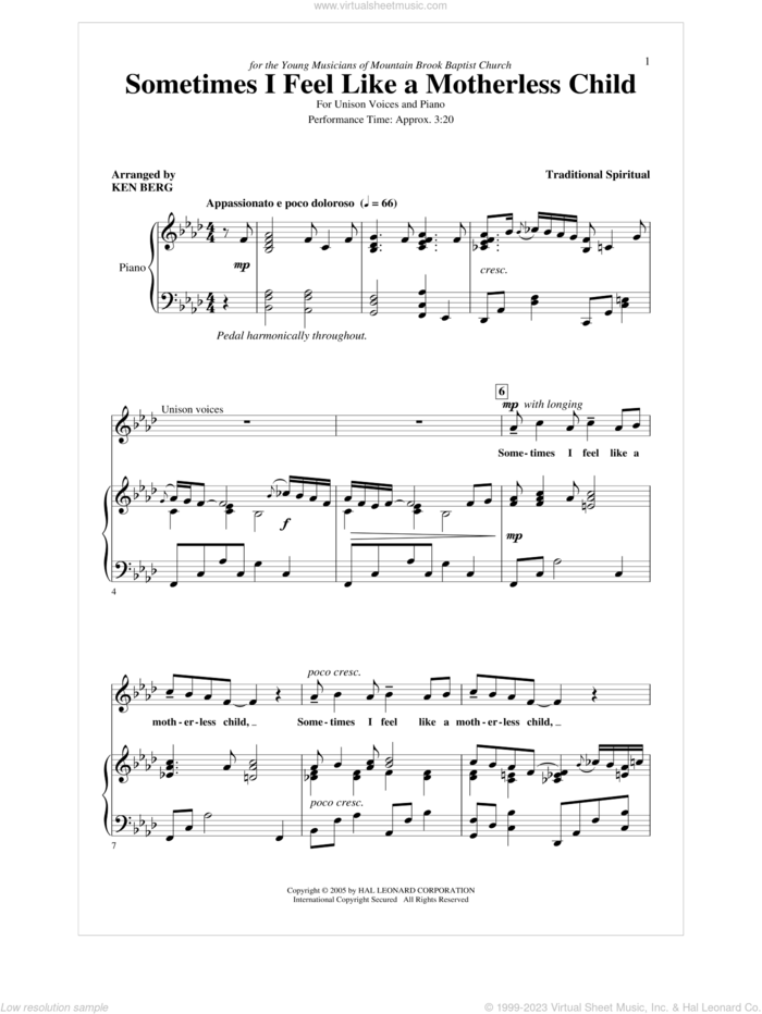 Sometimes I Feel Like A Motherless Child sheet music for choir (Unison) by Ken Berg, Henry Leck and Miscellaneous, intermediate skill level