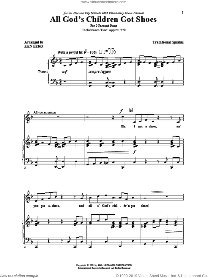 All God's Children Got Shoes sheet music for choir (2-Part) by Ken Berg and Miscellaneous, intermediate duet