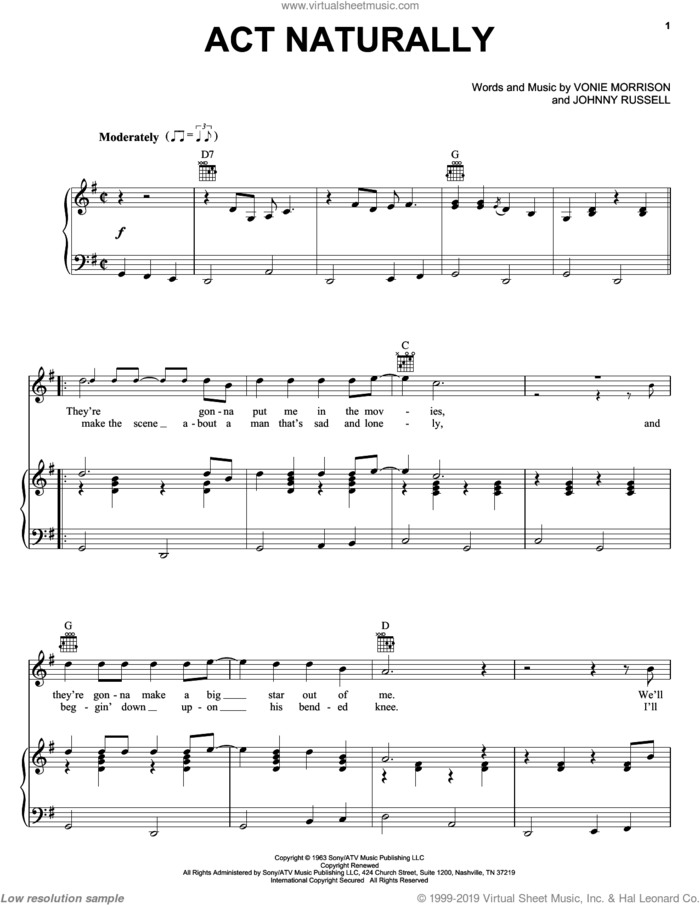 Act Naturally sheet music for voice, piano or guitar by Buck Owens, The Beatles, Johnny Russell and Vonie Morrison, intermediate skill level