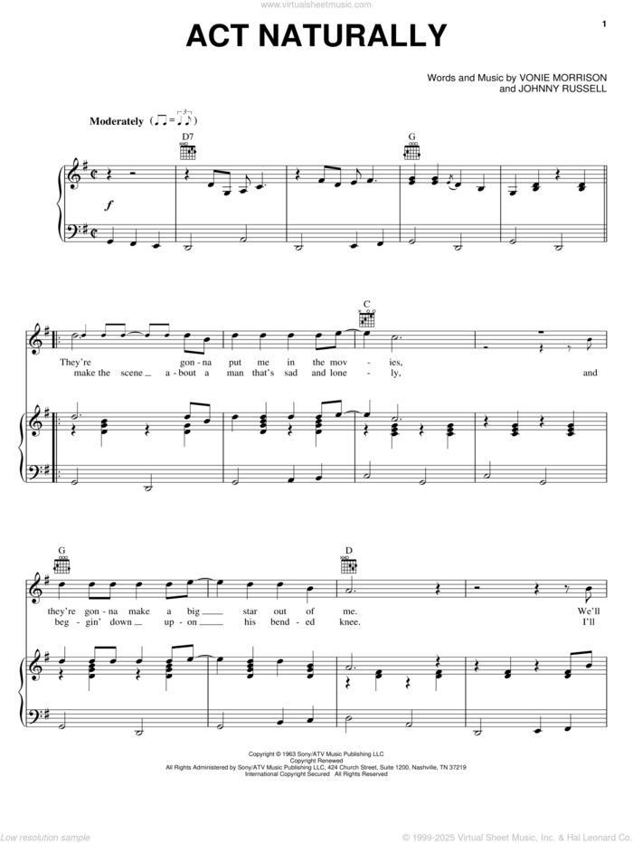 Act Naturally sheet music for voice, piano or guitar by Buck Owens, The Beatles, Johnny Russell and Vonie Morrison, intermediate skill level